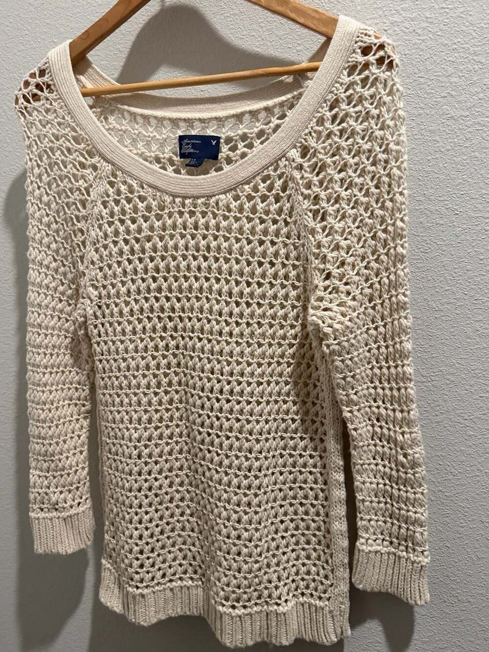 American Eagle Outfitters Cream Open Knit Crochet Fisherman Pullover Sweater - Picture 6 of 11